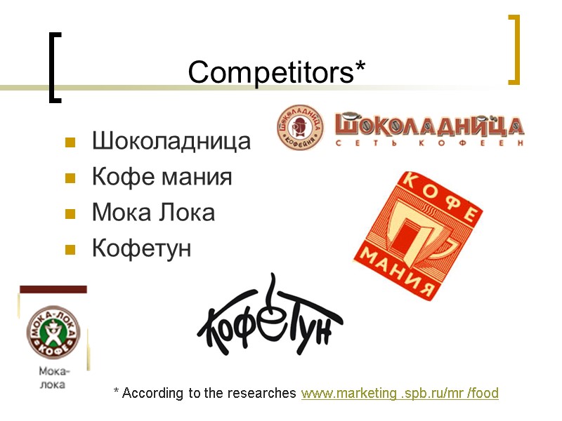 Competitors* Шоколадница Кофе мания Мока Лока Кофетун * According to the researches www.marketing .spb.ru/mr